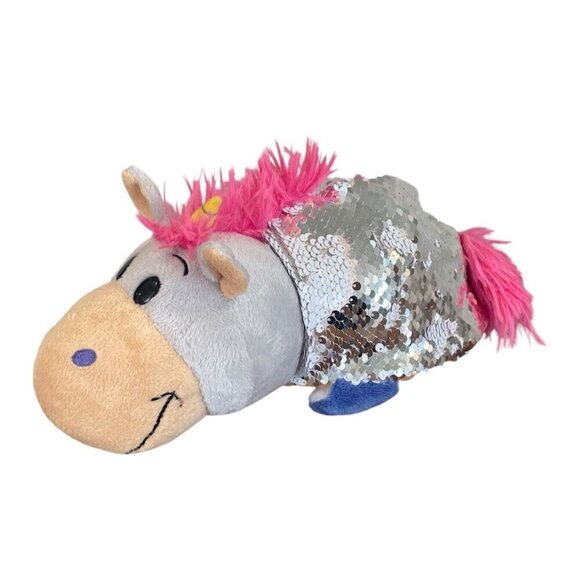 Flip A Zoo 12" Plush Stuffed Animal Unicorn/ Aki Tiger Sequined Silver Pink - Picture 1 of 9